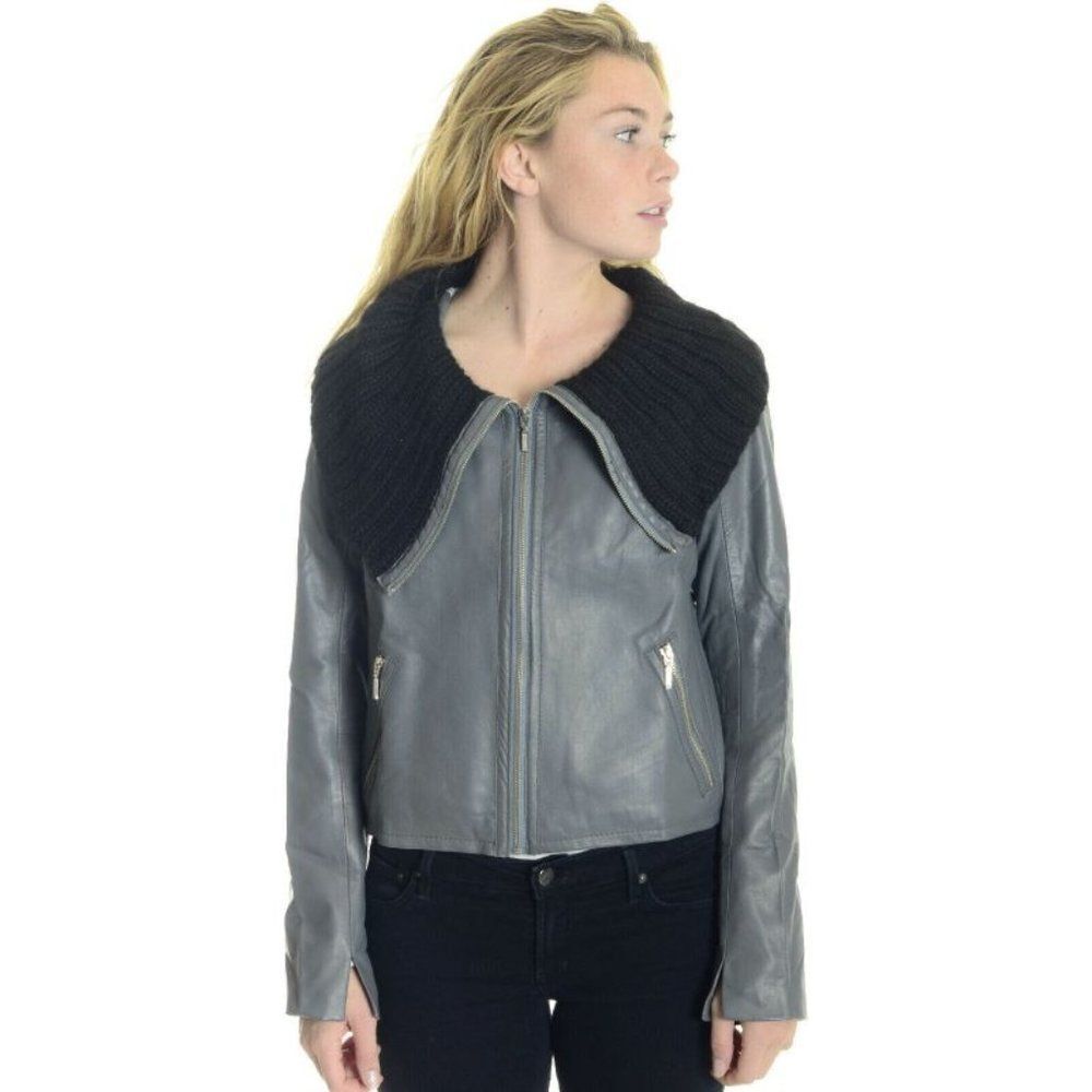 1020 by Nicole Grey Leather Jacket Knit Collar M